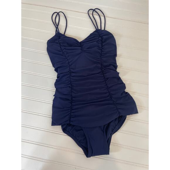NWOT Michael Kors Swimsuit Navy Blue Ruched Strappy V-Neck 1 PC One Piece Sze XS - Picture 1 of 8